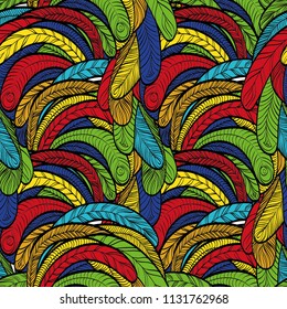 Seamless hand drawn pattern with boho colorful parrot colored feathers, vector illustration