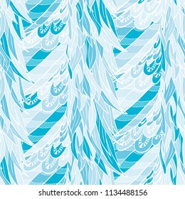 Seamless hand drawn pattern with boho colorful blue feathers, vector illustration