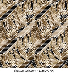 Seamless hand drawn pattern with boho sepia colored feathers, vector illustration