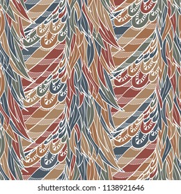 Seamless hand drawn pattern with boho natural colored feathers, vector illustration