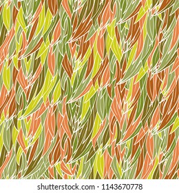 Seamless hand drawn pattern with boho autumn colored feathers, vector illustration