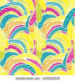 Seamless hand drawn pattern with boho parrot colored feathers, vector illustration