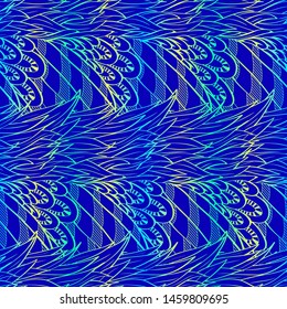 Seamless hand drawn pattern with boho colorful neon feathers, vector illustration