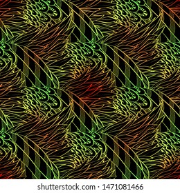 Seamless hand drawn pattern with boho colorful neon feathers, vector illustration