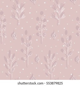 Seamless hand drawn pattern with branches and leafs amid snowfall
