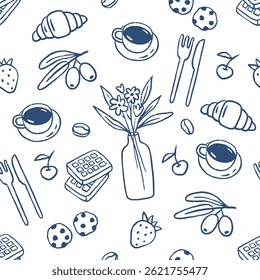 Seamless hand drawn pattern breakfast food. Sketch style, coffee, croissant. Italian style