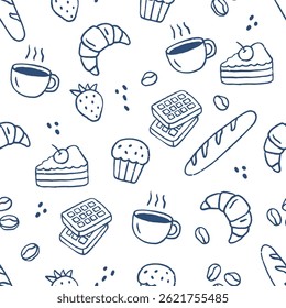 Seamless hand drawn pattern breakfast food. Sketch style, bakery. Italian style