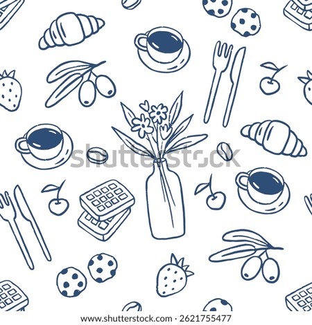 Seamless hand drawn pattern breakfast food. Sketch style, coffee, croissant. Italian style
