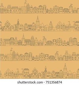 Seamless hand drawn pattern with buildings. Simple flat houses. Minimalist cartoon illustration. Stylized city.