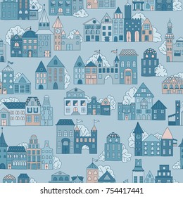 Seamless hand drawn pattern with buildings. Simple flat houses. Minimalist cartoon illustration. Stylized city.