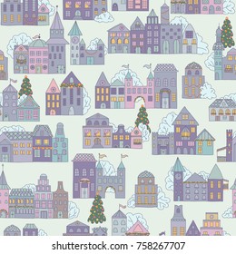 Seamless hand drawn pattern with buildings. Simple flat houses. Minimalist cartoon illustration. Stylized city.