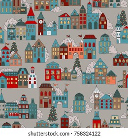 Seamless hand drawn pattern with buildings. Simple flat houses. Minimalist cartoon illustration. Stylized city.