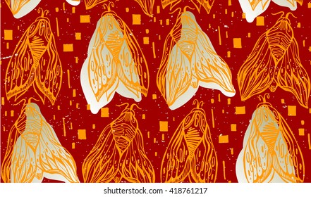 Seamless hand drawn pattern of butterfly and moths illustration on red & gold background.Trendy design element.