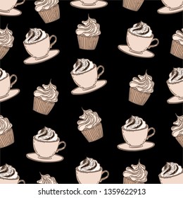 Seamless hand drawn pattern of cake and cappuccino on black background.