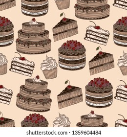 Seamless hand drawn pattern of cakes.