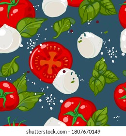 Seamless hand drawn pattern of caprese salad. Vector illustration of ripe tomatoes, basil, Mozzarella cheese, salt and black pepper. Background for Italian cuisine menu. Ingredients for caprese salad