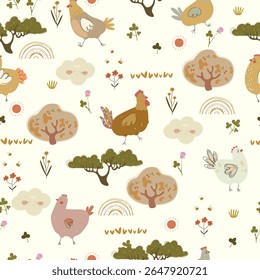 Seamless hand drawn pattern with chicken, small chiks, clouds, rainbows and flowers. Vector illustration with cute farm animals and plants	
