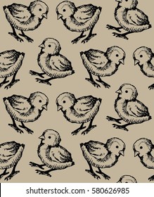 Seamless hand drawn pattern with chiken farm. Background with doodle chiken for wallpapers, textile, paper.