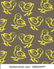 Seamless hand drawn pattern with chiken farm. Background with doodle chiken for wallpapers, textile, paper.