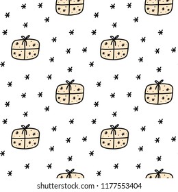 Seamless hand drawn pattern with christmas present and snow in monochrome scandinavian kids style. Yellow black color on white background isolated. Vector illustration. Ideal for paper, print