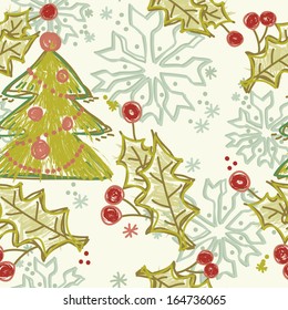 seamless hand drawn pattern from christmas trees and snowflakes, vector illustration