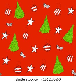 Seamless hand drawn pattern for christmass or new year with pine tree and stars on red background,template for textile,wallpaper,packaging and wrapping paper, cover design,holiday decoration