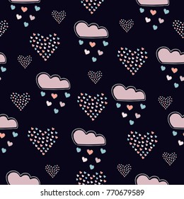 Seamless hand drawn pattern with clouds and hearts on dark background. Vector Illustration