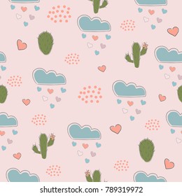 Seamless hand drawn pattern with clouds, cacti and hearts on pink background. Vector Illustration