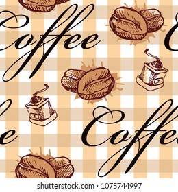 Seamless hand drawn pattern with coffee beans, grinders and lettering on plaid background, vector illustration