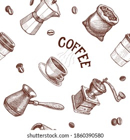 Seamless hand drawn pattern with coffee. Vector engraving illustration. Coffee mill, kettle, roasted beans Cap of espresso or capuchino, pot, mug