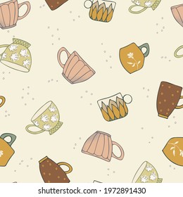Seamless hand drawn pattern with color mugs on light background
