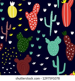 Seamless hand drawn pattern with colorful cactus. Cute botanical baclground