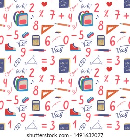 Seamless hand drawn pattern with colorful back to school on white background. Vector education illustration. 