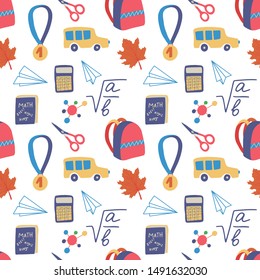 Seamless hand drawn pattern with colorful back to school on white background. Vector education illustration. 
