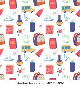 Seamless hand drawn pattern with colorful back to school on white background. Vector education illustration. 
