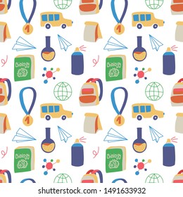 Seamless hand drawn pattern with colorful back to school on white background. Vector education illustration. 