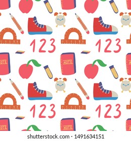 Seamless hand drawn pattern with colorful back to school on white background. Vector education illustration. 