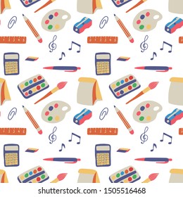Seamless hand drawn pattern with colorful back to school on white background. Vector education illustration.