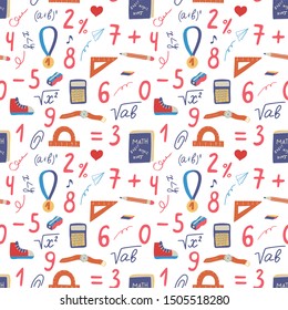 Seamless hand drawn pattern with colorful back to school on white background. Vector education illustration.