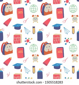 Seamless hand drawn pattern with colorful back to school on white background. Vector education illustration.