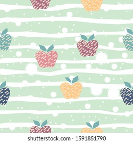 Seamless Hand Drawn Pattern with colorful apples on stripped blue background. Vector Illustration.