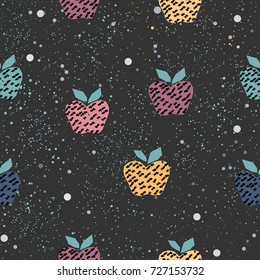Seamless Hand Drawn Pattern with colorful apples on dark background. Vector Illustration.