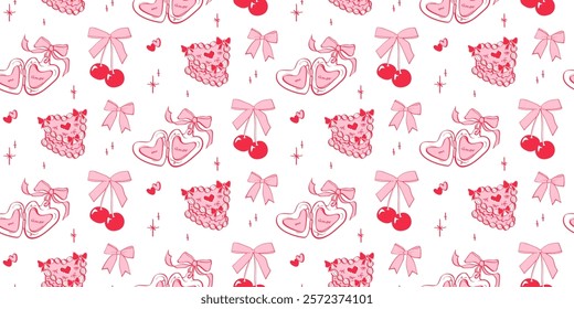 Seamless hand drawn pattern in coquette style. Cherries tied in pink bows, small hearts, stars, cake, heart locket with "mi amor" phrase. Vintage aesthetic wallpaper, cute girly romantic background.