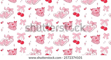 Seamless hand drawn pattern in coquette style. Cherries tied in pink bows, small hearts, stars, cake, heart locket with 