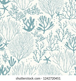 Seamless Hand Drawn Pattern With Coral Reef And Starfishes. Vector Turquoise Illustration On Beige Background.
