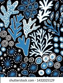 Seamless hand drawn pattern with coral reef. Vector colorful illustration on dark  background. Undersea reef flora pattern