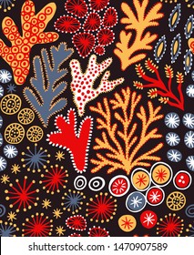 Seamless hand drawn pattern with coral reef. Vector colorful illustration on dark background. Undersea reef flora pattern