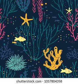 Seamless hand drawn pattern with corals, fishes, sea urchin and starfishes. Vector colorful illustration on dark blue background.