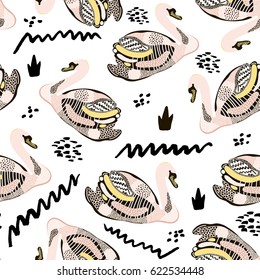 Seamless hand drawn pattern with creative swans. Fashion trendy texture.Great for fabric and textile. Vector Illustration