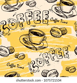 Seamless hand drawn pattern with cup of coffee, coffee beans and lettering, vector illustration